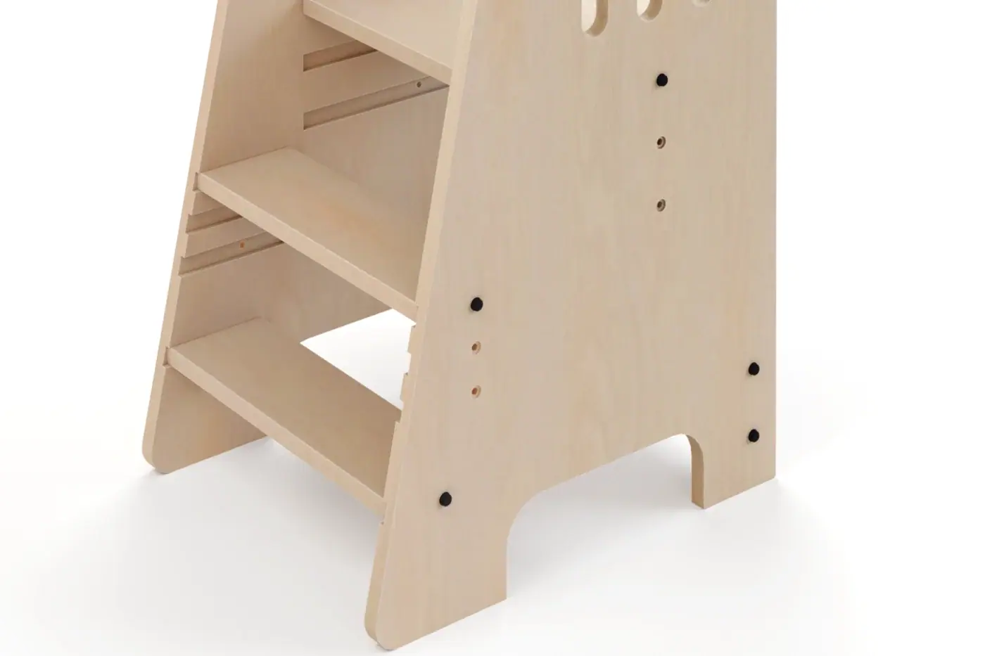 The birch steps and side panel, with their recessed hardware