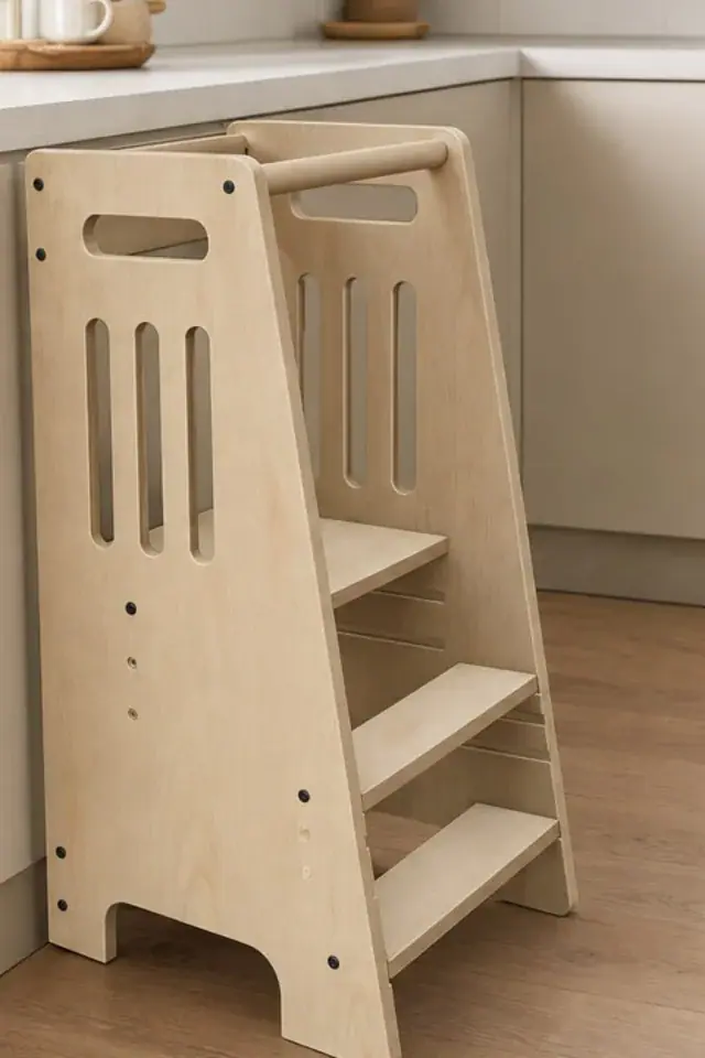 The tower against a pale kitchen counter