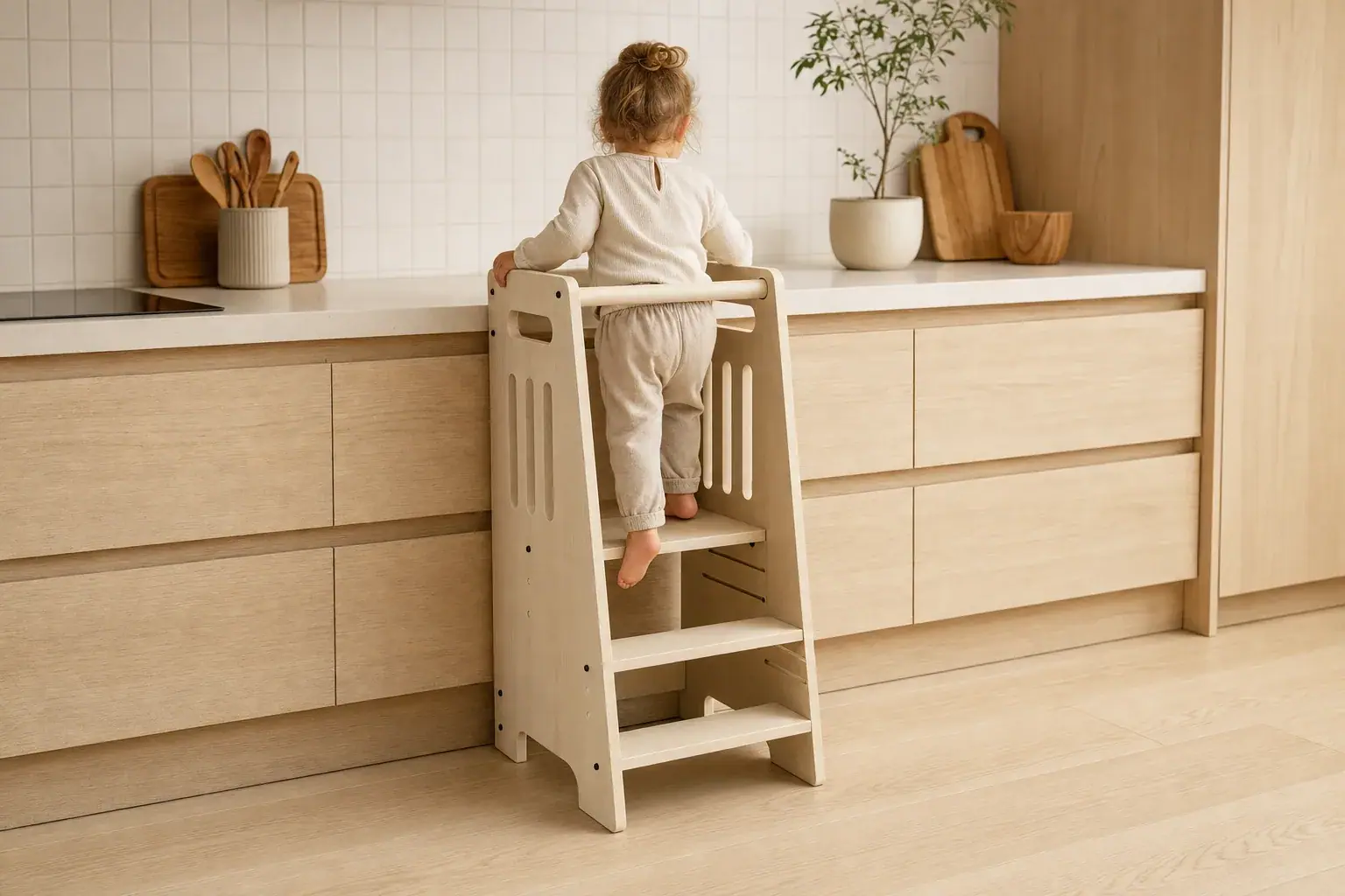 A child standing in the tower at the kitchen counter