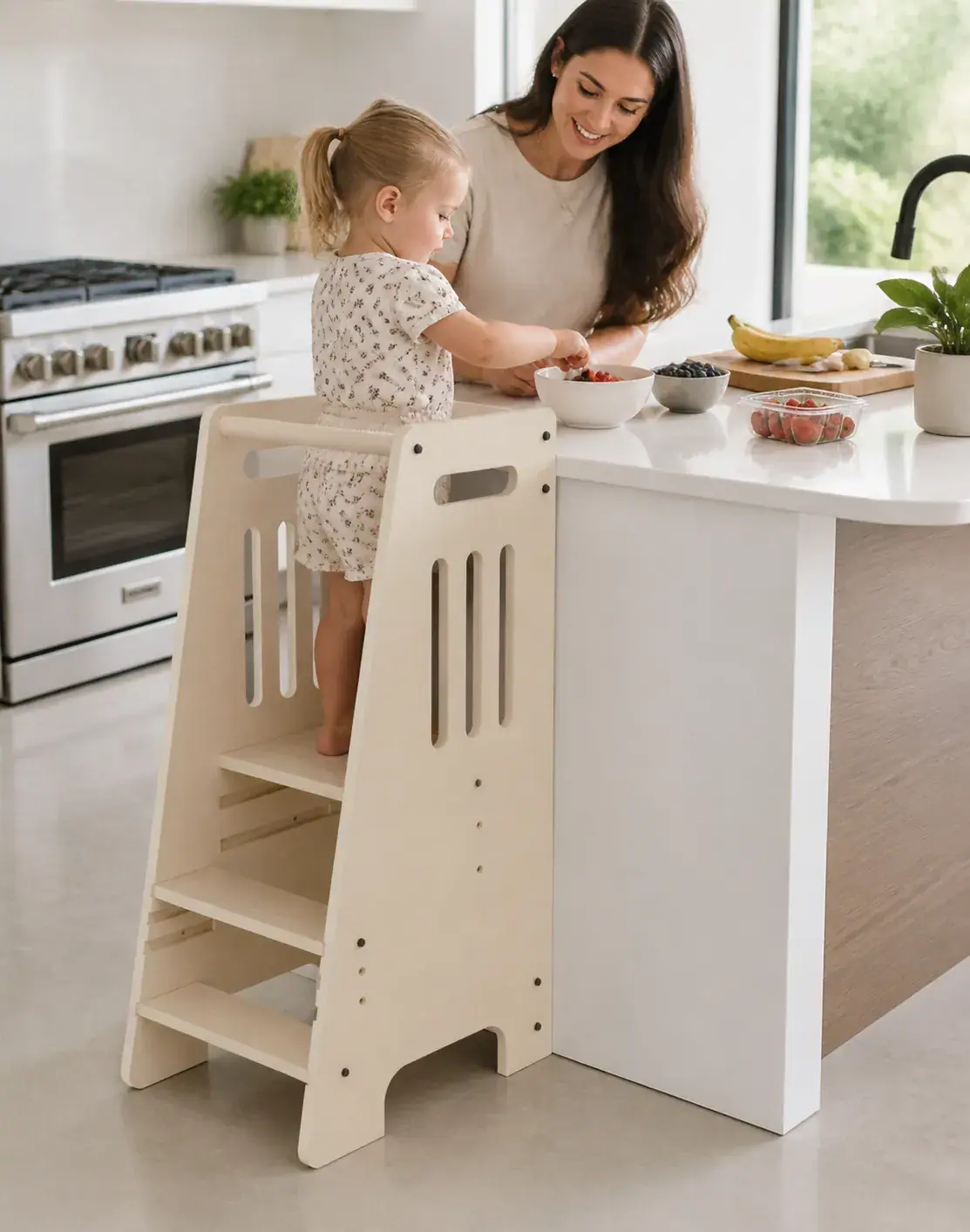 A child in the tower reaching into a bowl while a parent cooks beside them