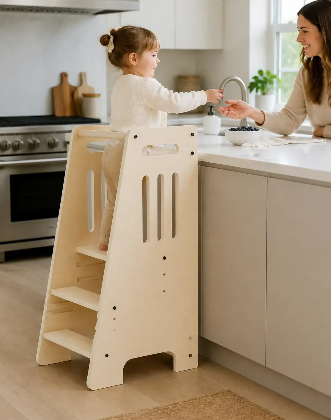 A child in the tower handing fruit to a parent across the kitchen island