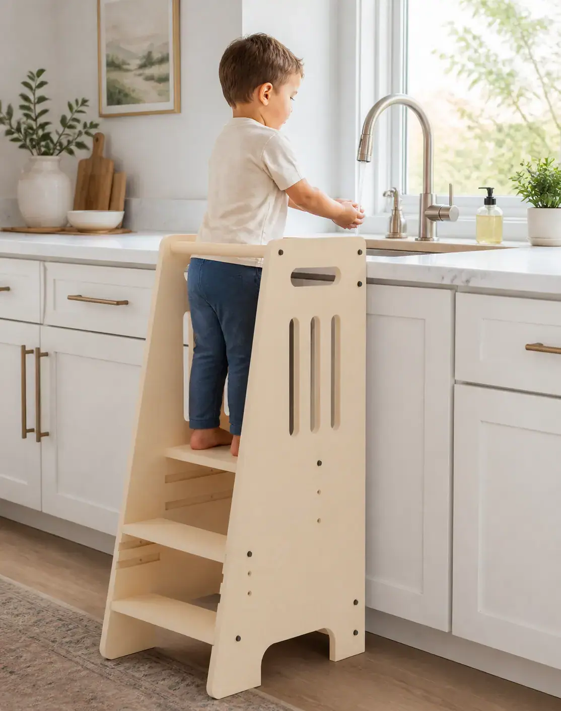 A child in the tower washing their hands at the kitchen sink