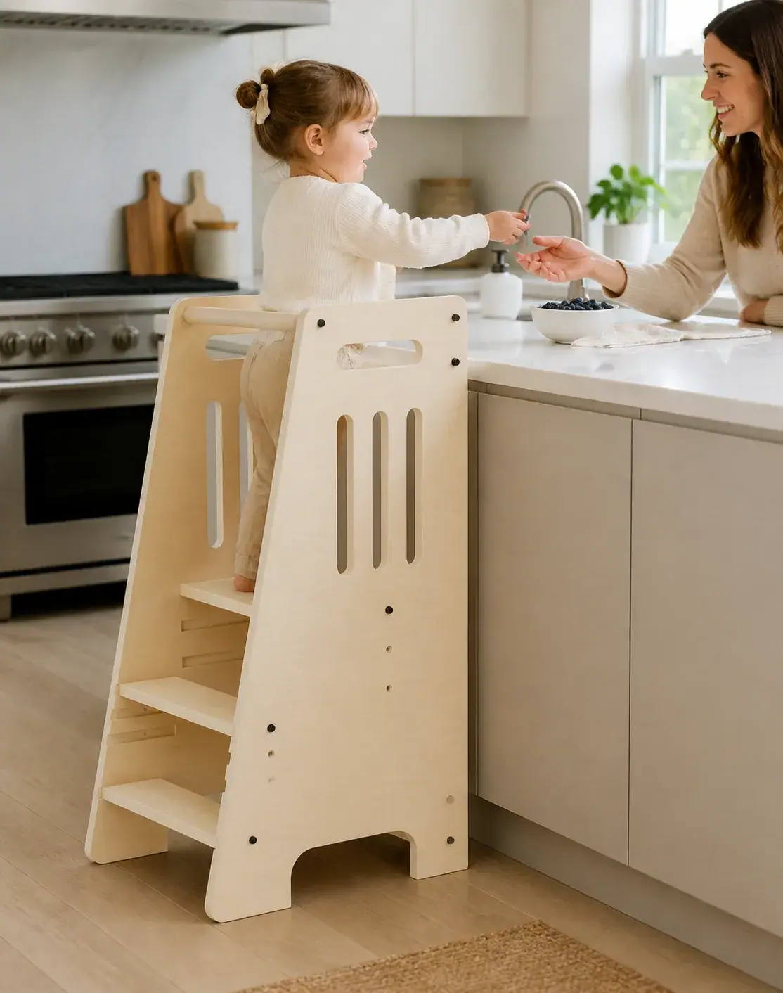 A child in the tower sharing blueberries with a parent at the counter