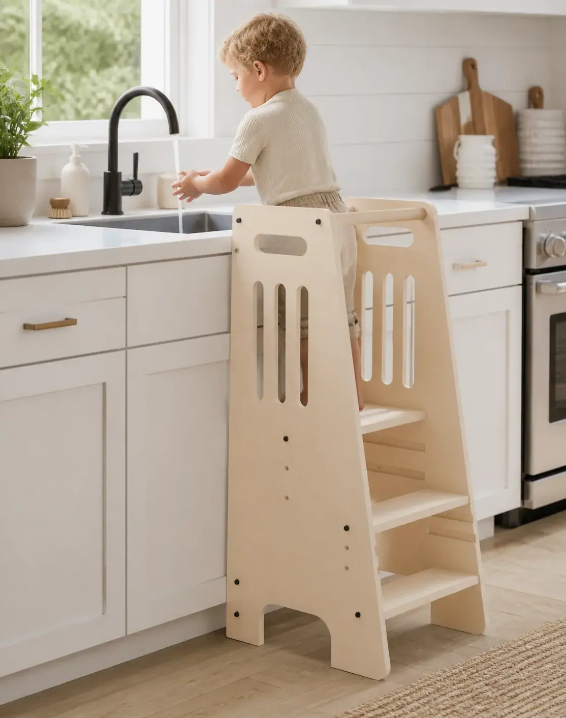 A child washing their hands at the sink, standing in the tower
