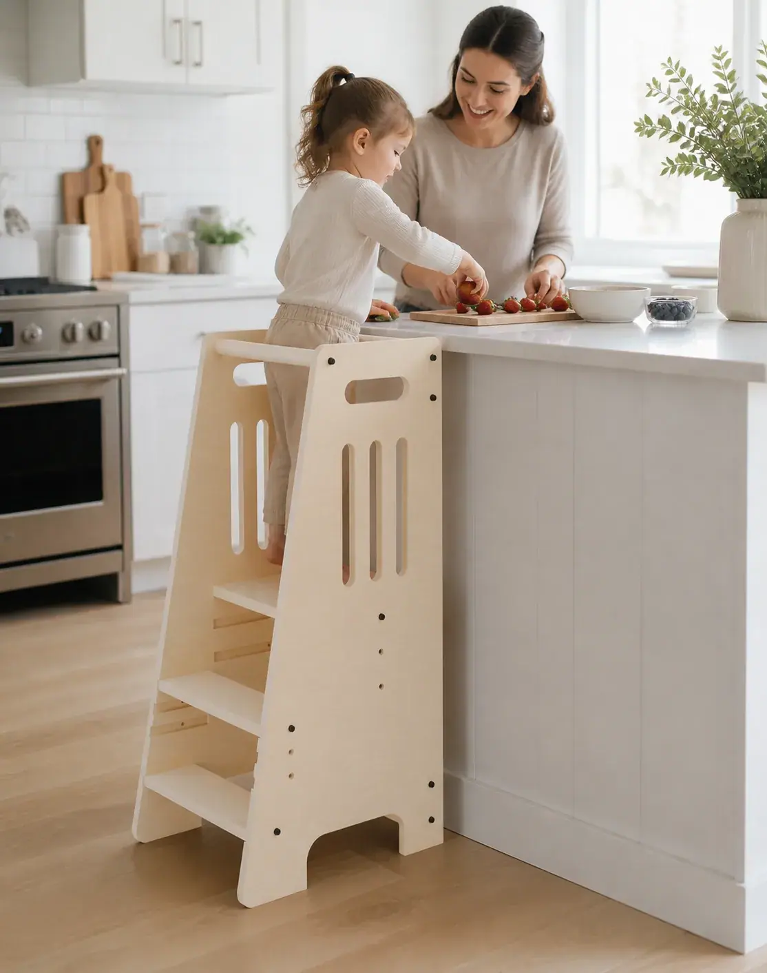 A child in the tower helping a parent prepare strawberries