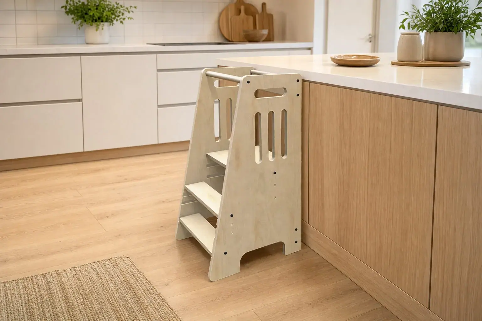 The tower at rest against a wooden kitchen island